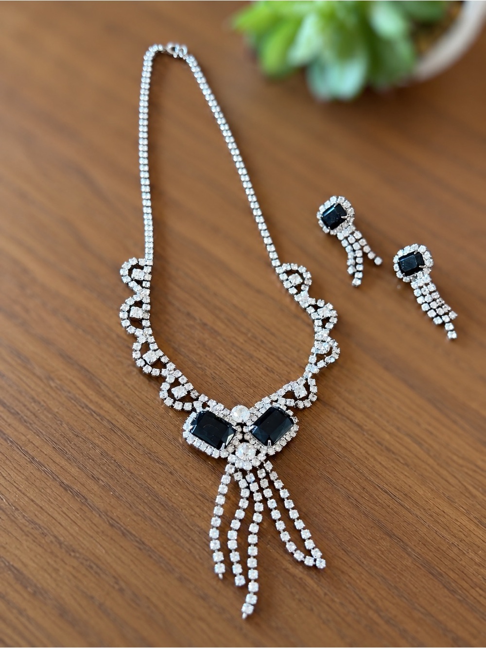 Vintage Black and Clear Rhinestone Statement Necklace and Dangle Earring Set